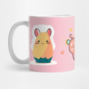 a cute and whimsical t-shirt design featuring adorable characters or creatures, pastel colors and playful illustrations to make it charming and endearing Mug